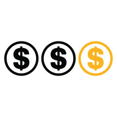 Obraz premium dollar coin icon set in outline solid and yellow styles, money currency symbols for banking financial services business payment and wealth management gold coin vector illustration. 