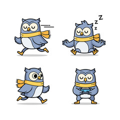 Obraz premium Cartoon owl character set in different poses and actions with scarf