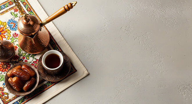 Traditional Arabic coffee setup with dates and copperware on a colorful tray