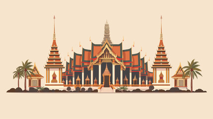 Obraz premium Traditional Thai temple illustration with palm trees and detailed architecture on beige background