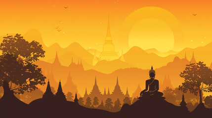 Fototapeta premium Buddha statue overlooking ancient temples and pagodas during golden sunrise in silhouette landscape