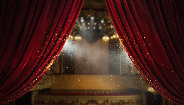 Luxury theater stage with open red curtains and sparkling gold glitter　開いた赤い幕と黄金のキラキラした光が舞う豪華なシアターステージ背景