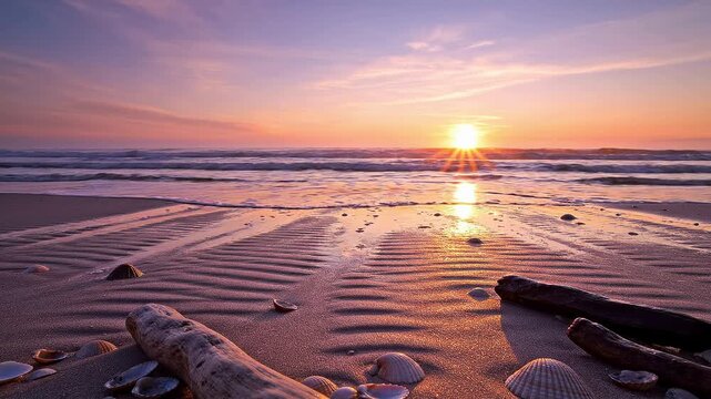 A wide empty beach with soft rolling waves forming delicate patterns on the sand, low morning sun