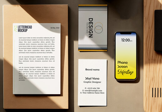Branding Stationery Mockup Set with Letterhead Business Cards and Smartphone