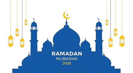 Islamic Ramadan Mubarak greeting design with mosque silhouette and hanging lanterns