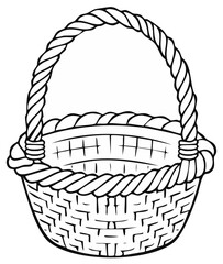 Fototapeta premium Black and white illustration of a woven basket with a rope handle, isolated on white.