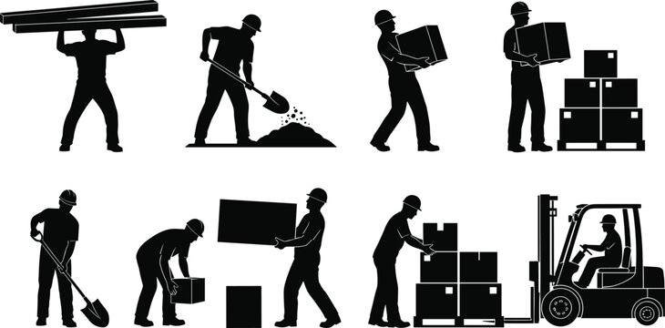Construction and Warehouse Worker Silhouettes Set Featuring Laborers Carrying Boxes Using Forklift and Shoveling for Industrial Logistics and Building Site Development