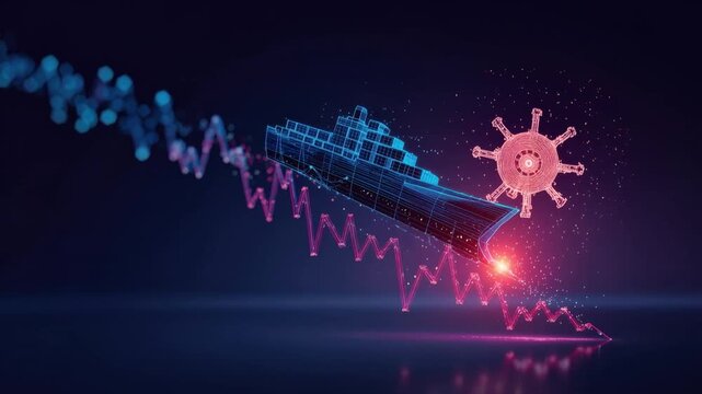 A visual metaphor depicts the impact of a viral outbreak on the cruise industry, showing a ship navigating a downward trend line. ..Created with Generative AI, not depicting real subjects.