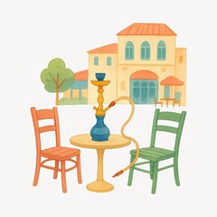 Obraz premium Colorful Mediterranean hookah cafe illustration.