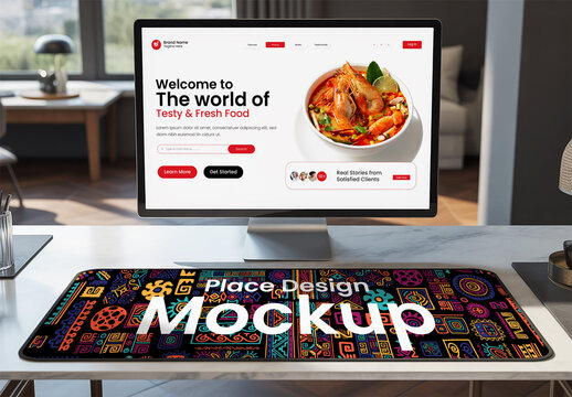 Desk Mat and Computer Monitor Mockup in Modern Office Setting
