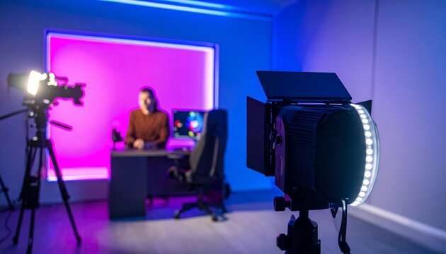 Un creador de contenido sentado en su estudio de grabaci&oacute;n profesional con luces de ne&oacute;n rosa y azul y equipo de video moderno.