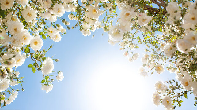 White roses blooming under a clear blue sky, symbolizing purity and springtime.
