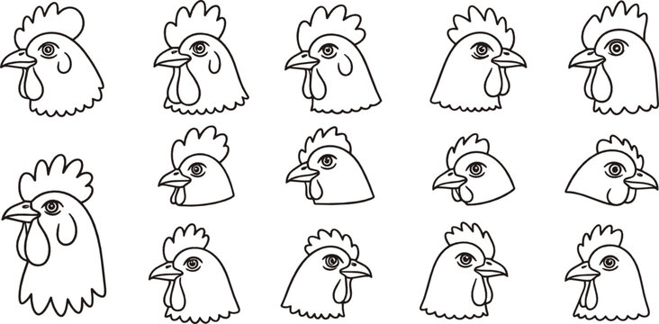 Chicken and rooster head outline icon set with farm poultry profiles illustrated in clean black and white minimal line art vector style