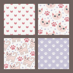 Pastel cute cats seamless pattern set with kittens paws and hearts