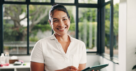 Physiotherapist, portrait or Asian woman in clinic with tablet, about us or experience in...