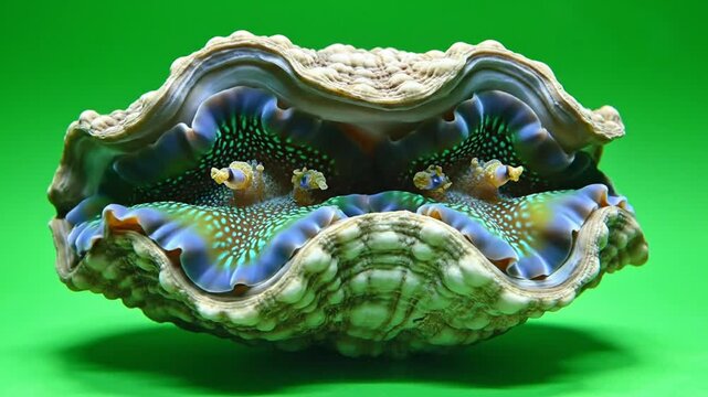 A close-up view of a giant clam with its vibrant, colorful mantle displayed against a green background.