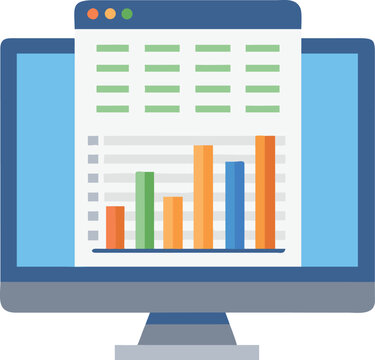 Computer Screen Displays Financial Report with Bar Chart and Data Tables