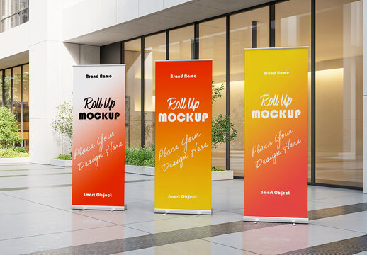 Three Roll Up Banner Mockups in Modern Office Building Plaza