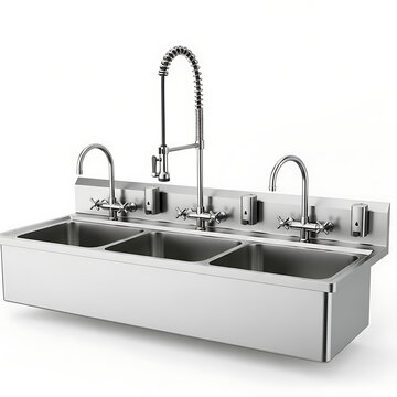 Commercial stainless steel three-compartment sink with multiple faucets and pre-rinse sprayer