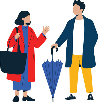 Cute Modern Couple Under Umbrella  Rainy Weather Fashion Flat Vector Illustration