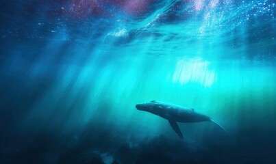 Fototapeta premium Uma majestosa baleia nada nas profundezas do oceano azul sob raios de sol brilhantes que penetram a superfície da água cristalina.