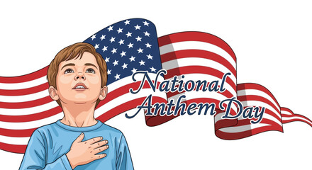 A boy reciting The Star Spangled Banner on National Anthem Day with American flag waving behind him.