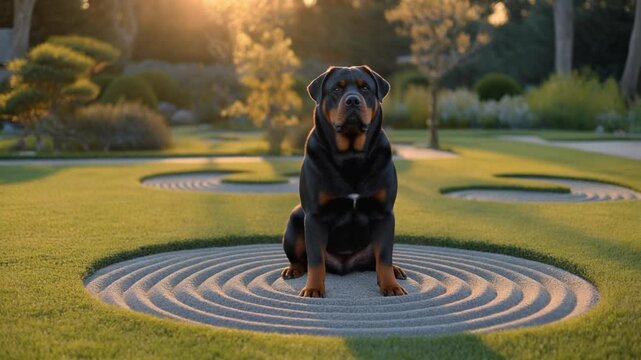 A naughty rottweiler sits centered on a concentric circle pattern in a manicured garden at sunset.