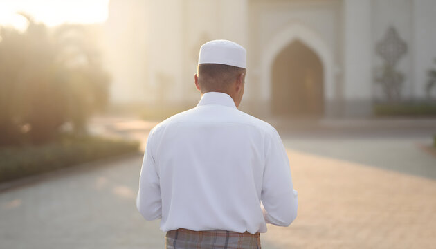 Muslim man in traditional attire looking towards mosque at golden hour, bathed in serene light, perfect for Ramadan, spirituality, peaceful devotion, and Islamic culture projects