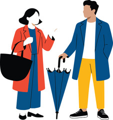 Cute Modern Couple Under Umbrella  Rainy Weather Fashion Flat Vector Illustration © MSTZOWRON