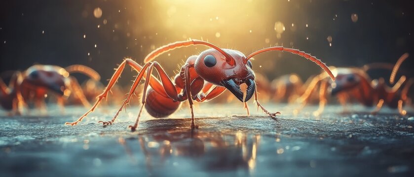 Macro fotografia detalhada de uma formiga vermelha em superf&iacute;cie reflexiva com ilumina&ccedil;&atilde;o dourada dram&aacute;tica e col&ocirc;nia ao fundo desfocado.