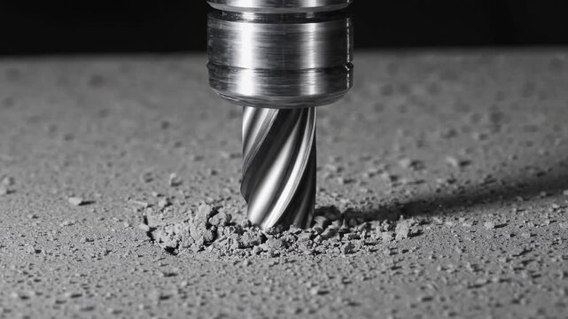 Closeup Drill Bit Penetrating Porous Block Surface, Airborne Microdust And Debris Scatter Around Bore While Cutter Peels Tiny Fragments, High Rpm Test Under Studio Light For Material Analysis