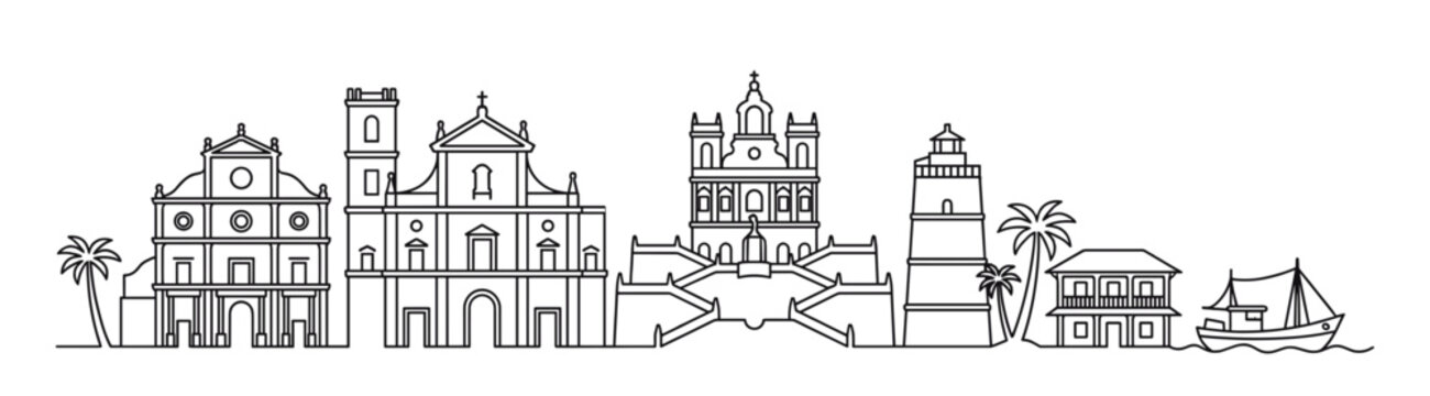 Goa skyline vector continuous line art illustration showing historic churches, colonial architecture, aguada lighthouse, palm trees and traditional boat on white background.