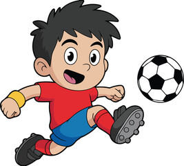 Cute Soccer Player Vector  Cartoon Boy Kicking Football Flat Illustration © MSTZOWRON