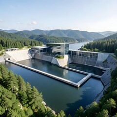 Aerial View of Modern Hydroelectric Dam and Infrastructure