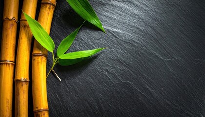 Bamboo Stems With Green Leaves On Slate Background For Spa, Zen, Relaxation And Wellness