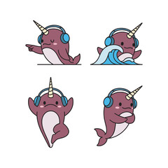 Cartoon narwhal character listening to music with headphones in different poses © SHANTI ICONSET