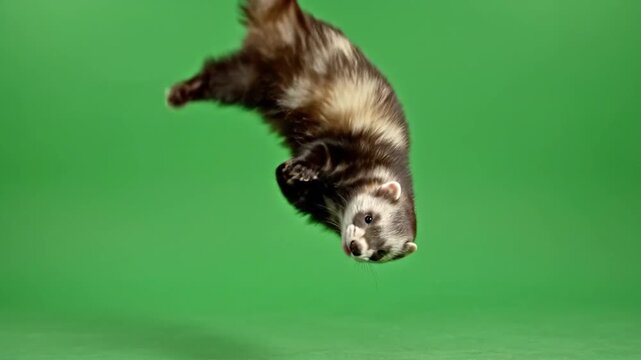 A playful domestic ferret with dark and light fur captured mid-air against a vibrant green screen background.