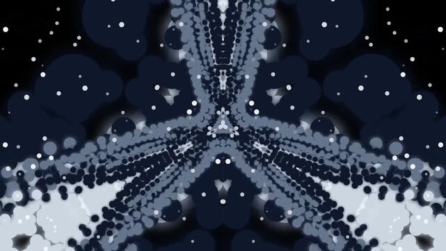 Kaleidoscope pattern with symmetrical shapes in shades of blue and white against a dark background with scattered white dots.