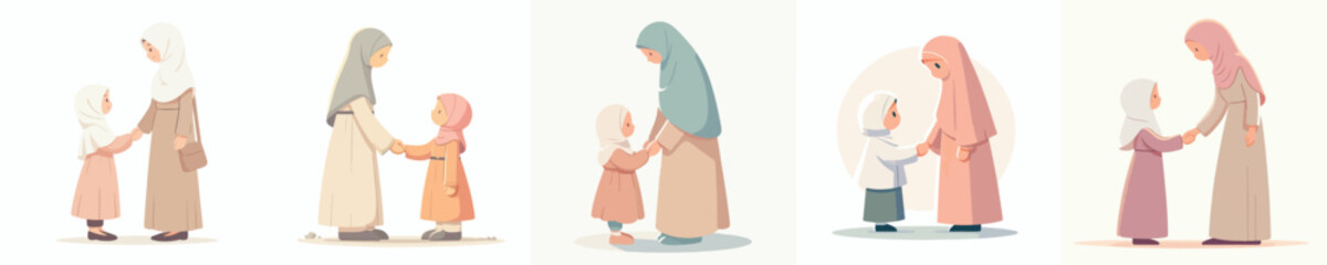 Obraz premium vector of Muslim daughter and mother shaking hands on Eid al-Fitr