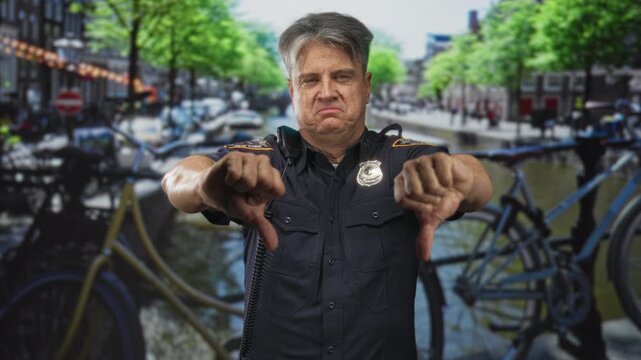 Police man in uniform with badge and radio, thumbs down gesture with both hands and a frown, standing on a canal street with bicycles and trees; disapproval authority.