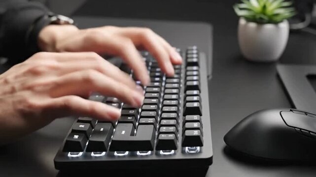 Close-up of hands typing on a modern black mechanical keyboard with backlit keys representing productivity coding and professional office work
