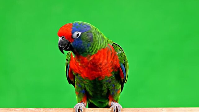 A vibrant, colorful parrot with a red head and green body perched on a wooden bar against a solid green background.