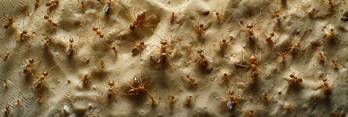 Close-up detalhado de v&aacute;rias formigas oper&aacute;rias rastejando em um terreno arenoso irregular, destacando o comportamento social desses insetos.