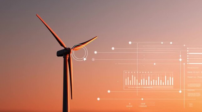 Modern Offshore Wind Turbine Against Serene Sunset Sky with Digital Data Overlay Illustrating Efficiency and Innovation in Renewable Energy and Technology for Sustainable Energy Analytics