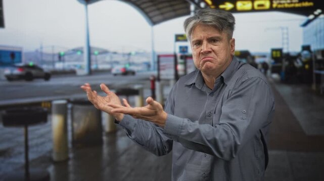 Man with hands outstretched and frowning in airport terminal, palms open toward curb and shuttle area; frustration travel delay.