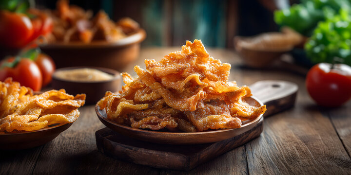 Creative food template. Plates of golden brown crunchy crispy pork cracklings lards scratchings rind Graton belly fat with vegetable lettuce tomato on wooden table. copy text space.