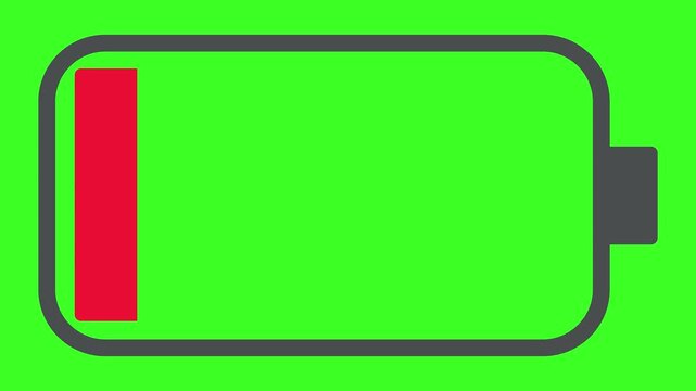 Low battery icon with red indicator on green screen, flat design vector illustration for power concept.