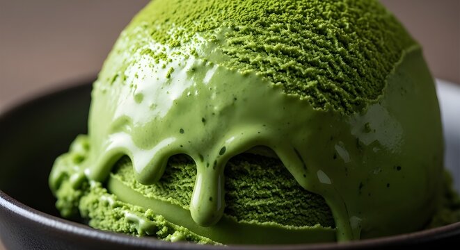 Thick Matcha Ice Cream Scoop with Green Color and Melting Edges, Creamy Texture and Vibrant Matcha Hue, Close-Up Macro of Japanese Dessert