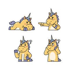 Confused cartoon unicorn with different expressions and gestures © SALEHA STOCK