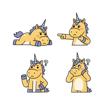 Confused cartoon unicorn with different expressions and gestures